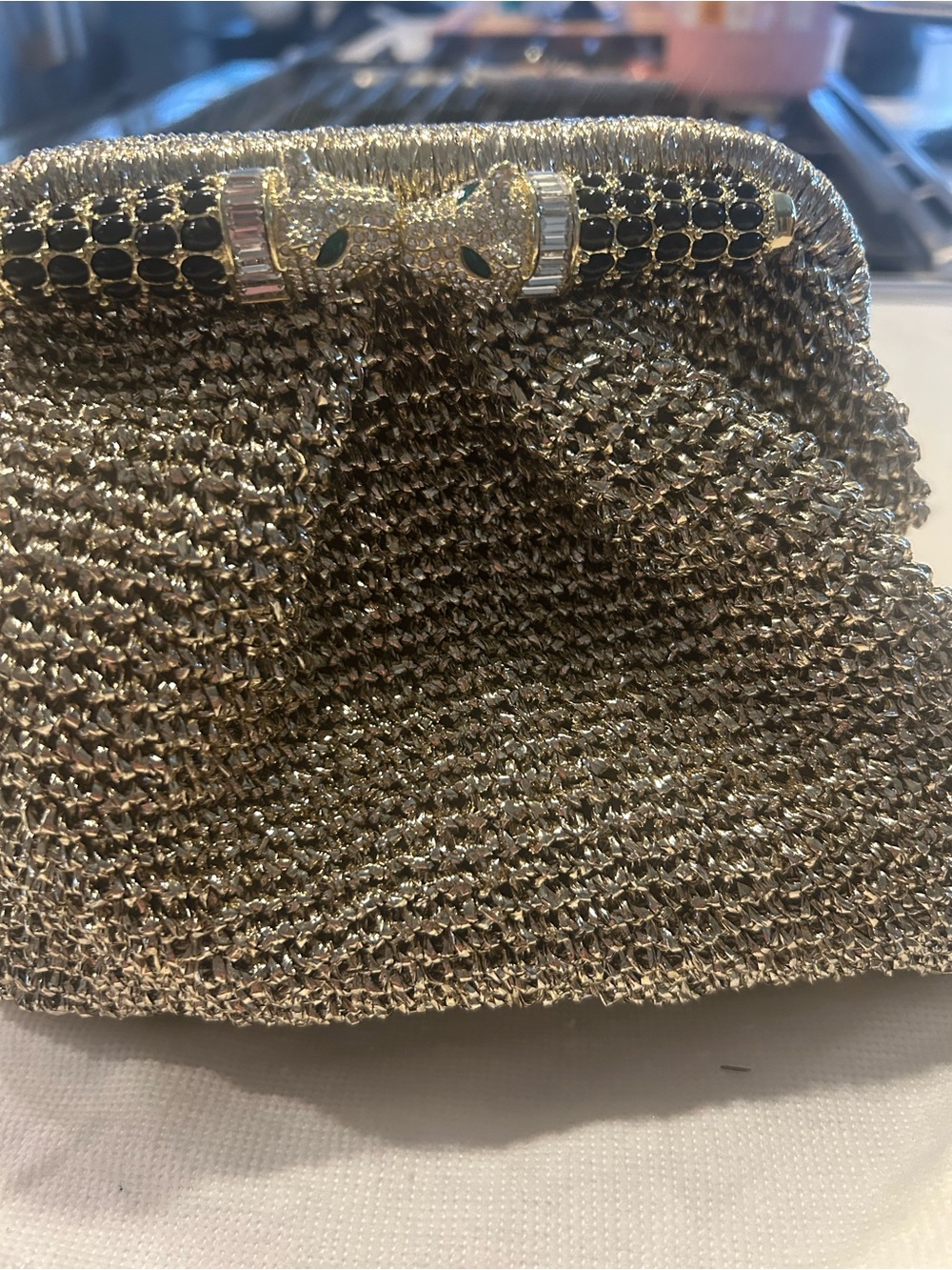 Gold Metallic Evening Clutch with Gem and panther/leopard Studded Frame